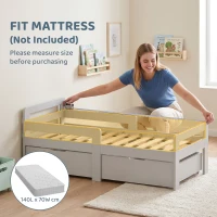 AIYAPLAY Wooden Kids Bed Frame with 2 Storage Drawers and Guard Rails for Ages 4-14, 144 x 76 x 57 cm (No Mattress), Grey(m-6)