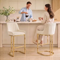 HOMCOM Bar Stools Set of 2 with Backrest, Footrest, Gold Electroplated Legs for Kitchen Island, Dining Room, Cream White(m-14)