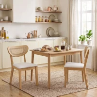 HOMCOM Lot de 2 Chaises de Salle à Manger, Chaises de Cuisine Rembourrées en Lin, Dossier à Effet Rotin et Pieds d'Hévéa, Beige(m-16)