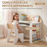 AIYAPLAY Bureau et Chaise pour Enfant 2 Pièces, Ensemble Table d'Activité avec Bibliothèque pour Dessin, Lecture et Jeux, Blanc(m-6)