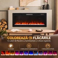 HOMCOM Șemineu Electric 127 cm, Încastrat/Perete/Podea, Ultrasubțire 8,3 cm, cu Telecomandă, 900/1800W, Timer, Negru(m-5)