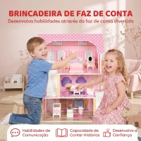 AIYAPLAY Casa de Bonecas de Madeira com 3 Andares, Varanda, Escadas e 10 Móveis, Brinquedo de Faz de Conta para Crianças 3-6 Anos, Rosa(m-6)