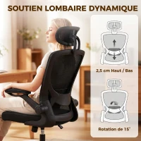HOMCOM Chaise Bureau Ergonomique, Fauteuil de Bureau en Maille avec Soutien Lombaire et Appui-Tête Réglables, 64x65x129cm, Noir(m-4)
