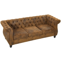 HOMCOM Canapea Chesterfield 3 Locuri din Material Respirabil cu Aspect de Piele, Șezut Lat, Umplutură Groasă, Maro Cafea