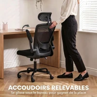HOMCOM Chaise Bureau Ergonomique, Fauteuil de Bureau en Maille avec Soutien Lombaire et Appui-Tête Réglables, 64x65x129cm, Noir(m-6)