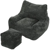 HOMCOM Pouf Salon Adulte avec Repose-Pieds, Fauteuil de Sol 1 Place Compressé en Chenille, avec Dossier, Accoudoirs, Gris(m-1)