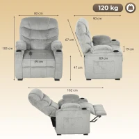 HOMCOM Sillón Relax Reclinable Eléctrico Silencioso con Función Memoria Reposapiés Mando a Distancia Bolsillos Laterales Gris(m-3)