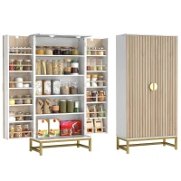 HOMCOM Bufet de bucătărie 119,5 cm, dulap tip cămară modern, autoportant, cu 12 rafturi pe uși, rafturi reglabile și finisaj aspect lemn, natur(m-11)