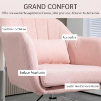 HOMCOM Fauteuil de salon coussins lombaires hauteur réglable pivotant 360° piètement en métal rose(m-6)