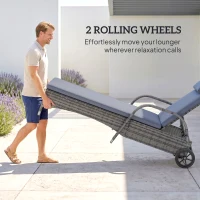 Outsunny 3 Pieces Rattan Sun Loungers, Garden Wicker Wheeling Recliner , PE Rattan Lounge Chairs, Grey(m-6)