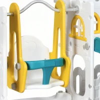 AIYAPLAY 6-in-1 Swing and Slide Set, Kids Playground with Basketball Hoop, Telescope, Storage Space - Yellow(m-11)