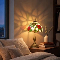 HOMCOM Tiffany Stained Glass Table Lamp, Handmade Antique Bedside Lamp for Bedroom, Living Room, Nightstand, Red Sunflower(m-6)