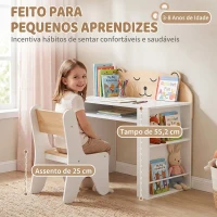 AIYAPLAY Mesa e Cadeira Infantil para Ler e Desenhar, com Estante e Gaveta, Branco e Madeira(m-6)