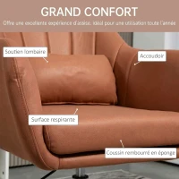 HOMCOM Fauteuil de salon coussins lombaires hauteur réglable pivotant 360° piètement en métal marron(m-6)