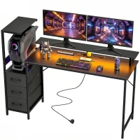 HOMCOM Bureau Gaming 147 x 47 cm, Éclairage RGB, Prises et Ports USB, Support pour Unité Centrale Réglable et Réversible, Noir(m-17)