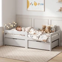 AIYAPLAY Wooden Kids Bed Frame with 2 Storage Drawers and Guard Rails for Ages 4-14, 144 x 76 x 57 cm (No Mattress), Grey(m-8)