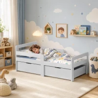 AIYAPLAY Wooden Kids Bed Frame with 2 Storage Drawers and Guard Rails for Ages 4-14, 144 x 76 x 57 cm (No Mattress), Grey(m-2)