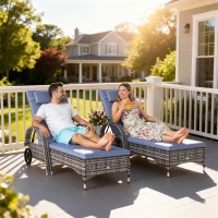 Outsunny 3 Pieces Rattan Sun Loungers, Garden Wicker Wheeling Recliner , PE Rattan Lounge Chairs, Grey(m-11)