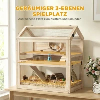 PawHut Hamsterkäfig aus Holz 3 Etagen 76 x 45,5 x 77 cm Nagerkäfig Kleintierkäfig mit abnehmbar Schale Acrylplatte Laufrad(m-4)