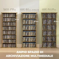 HOMCOM Scaffale Porta CD con 6 Ripiani Regolabili, Capacità di 360 CD/185 DVD, 58x24x124.5 cm, Marrone Rustico(m-4)