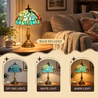 HOMCOM Tiffany Stained Glass Table Lamp, Handmade Antique Bedside Lamp for Bedroom, Living Room, Nightstand, Green(m-5)
