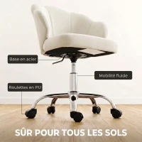 HOMCOM Chaise Bureau en Velours, Chaise Coiffeuse avec Dossier en Pétale, Hauteur Réglable, Fonction Bascule, Crème(m-7)