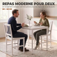 HOMCOM Ensemble Table Salle à Manger avec 2 Chaises, Table de Cuisine Rectangulaire 80 cm, Chaises à Dossier à Lattes, Blanc(m-4)