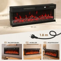 HOMCOM Șemineu Electric de Podea/Încastrabil, 3 Laturi, cu Telecomandă, 750/1500W, Efect Flacără 3D 12 Culori, 5 Niveluri de Luminozitate(m-3)