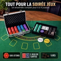 SPORTNOW Mallette de Poker 500 Jetons 5 Valeurs, 2 Jeux de Cartes, Tapis de Jeu, Bouton Dealer, Blind, Alu, 31x17x11,5cm, Argenté(m-4)