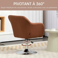 HOMCOM Fauteuil de salon coussins lombaires hauteur réglable pivotant 360° piètement en métal marron(m-5)
