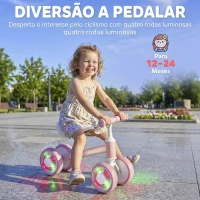 AIYAPLAY Bicicleta sem Pedais com Limite de Direção de 135°, Assento Ajustável, 4 Rodas EVA com Luzes, para Crianças de 1 a 2 Anos, Cor-de-Rosa(m-4)