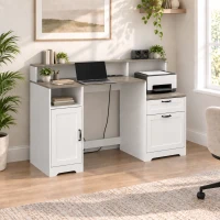 HOMCOM Schreibtisch 140 cm mit Ladestation, Schubladen und Schrank, Steckdosen, Ablage für Drucker und Monitor, Braun und Weiß(m-4)
