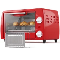 HOMCOM Mini cuptor electric 10L, 750W, cu temperatură reglabilă și timer, 36,5x26x22 cm, roșu(m-11)