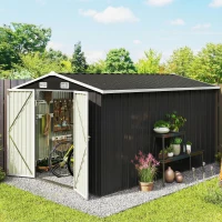 Outsunny Abri de Jardin en Métal 8,1m² Toit Pointu, Portes Verrouillables, 4 Aérations, 364x238x194cm, Gris Foncé(m-15)