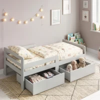AIYAPLAY Wooden Kids Bed Frame with 2 Storage Drawers and Guard Rails for Ages 4-14, 144 x 76 x 57 cm (No Mattress), Grey(m-9)