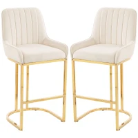 HOMCOM Bar Stools Set of 2 with Backrest, Footrest, Gold Electroplated Legs for Kitchen Island, Dining Room, Cream White(m-1)