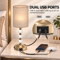 HOMCOM Bedside Lamp, Modern Crystal Decoration Table Lamp with PVC shade, USB A+C Charging Ports, Bulb Not Included, Gold Tone(m-5)