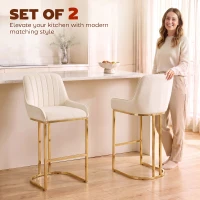 HOMCOM Bar Stools Set of 2 with Backrest, Footrest, Gold Electroplated Legs for Kitchen Island, Dining Room, Cream White(m-4)