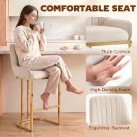 HOMCOM Bar Stools Set of 2 with Backrest, Footrest, Gold Electroplated Legs for Kitchen Island, Dining Room, Cream White(m-5)