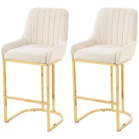 HOMCOM Bar Stools Set of 2 with Backrest, Footrest, Gold Electroplated Legs for Kitchen Island, Dining Room, Cream White(m-15)