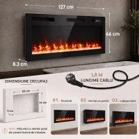 HOMCOM Șemineu Electric 127 cm, Încastrat/Perete/Podea, Ultrasubțire 8,3 cm, cu Telecomandă, 900/1800W, Timer, Negru(m-3)