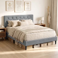 HOMCOM Struttura Letto Matrimoniale Imbottita con Testiera Trapuntata in Tessuto, Grigio(m-10)