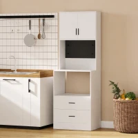 HOMCOM Meuble micro-ondes, buffet, 2 tiroirs, 2 portes, plan de travail, étagère réglable, panneau perforé, 4 crochets, blanc(m-2)