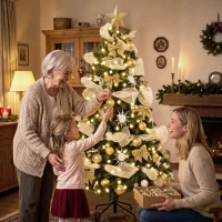 HOMCOM Albero di Natale 180cm con 200 Luci LED Bianco Caldo, 8 Modalità, 800 Rami Ignifughi, Palline, Nastri, Fiocchi(m-5)