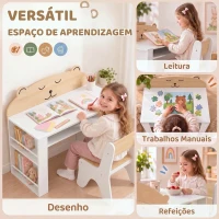 AIYAPLAY Mesa e Cadeira Infantil para Ler e Desenhar, com Estante e Gaveta, Branco e Madeira(m-4)
