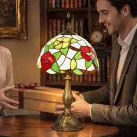HOMCOM Tiffany Stained Glass Table Lamp, Handmade Antique Bedside Lamp for Bedroom, Living Room, Nightstand, Red Sunflower(m-7)