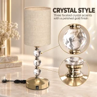HOMCOM Bedside Lamp, Modern Crystal Decoration Table Lamp with PVC shade, USB A+C Charging Ports, Bulb Not Included, Gold Tone(m-4)