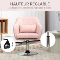 HOMCOM Fauteuil de salon coussins lombaires hauteur réglable pivotant 360° piètement en métal rose(m-4)