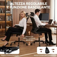 HOMCOM Sedia da Ufficio Ergonomica in Rete con Supporto Lombare, Poggiatesta e Altezza Regolabile, Dondolo, Nera(m-7)