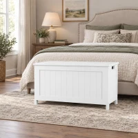 HOMCOM Storage Chest, Modern Storage Trunk with 2 Safety Hinges and Cut-out Handles, Wooden Toy Box for Living Room, Entryway, 76 x 40 x 48 cm, White(m-10)